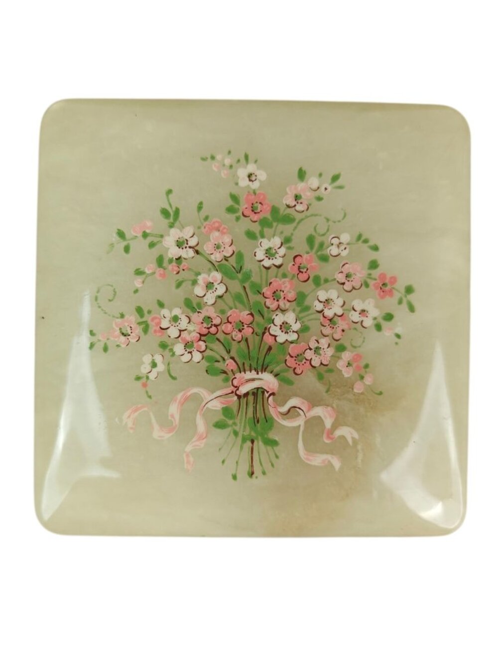 Vintage Alabaster Powder Compact Holder Hand-Painted Floral Design Square Italy